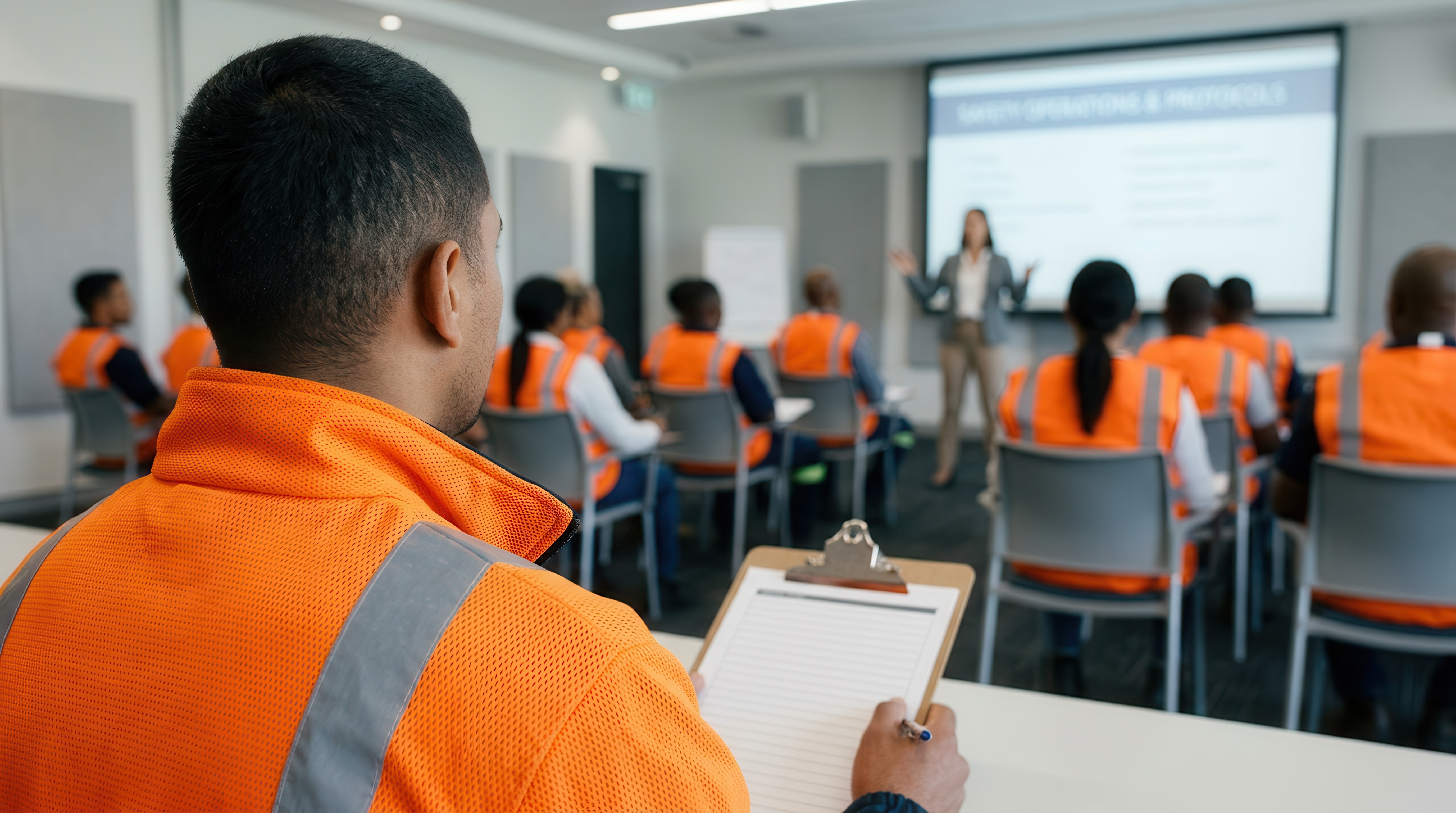 Trabalhadores participam de treinamento de segurança do trabalho em uma sala de aula